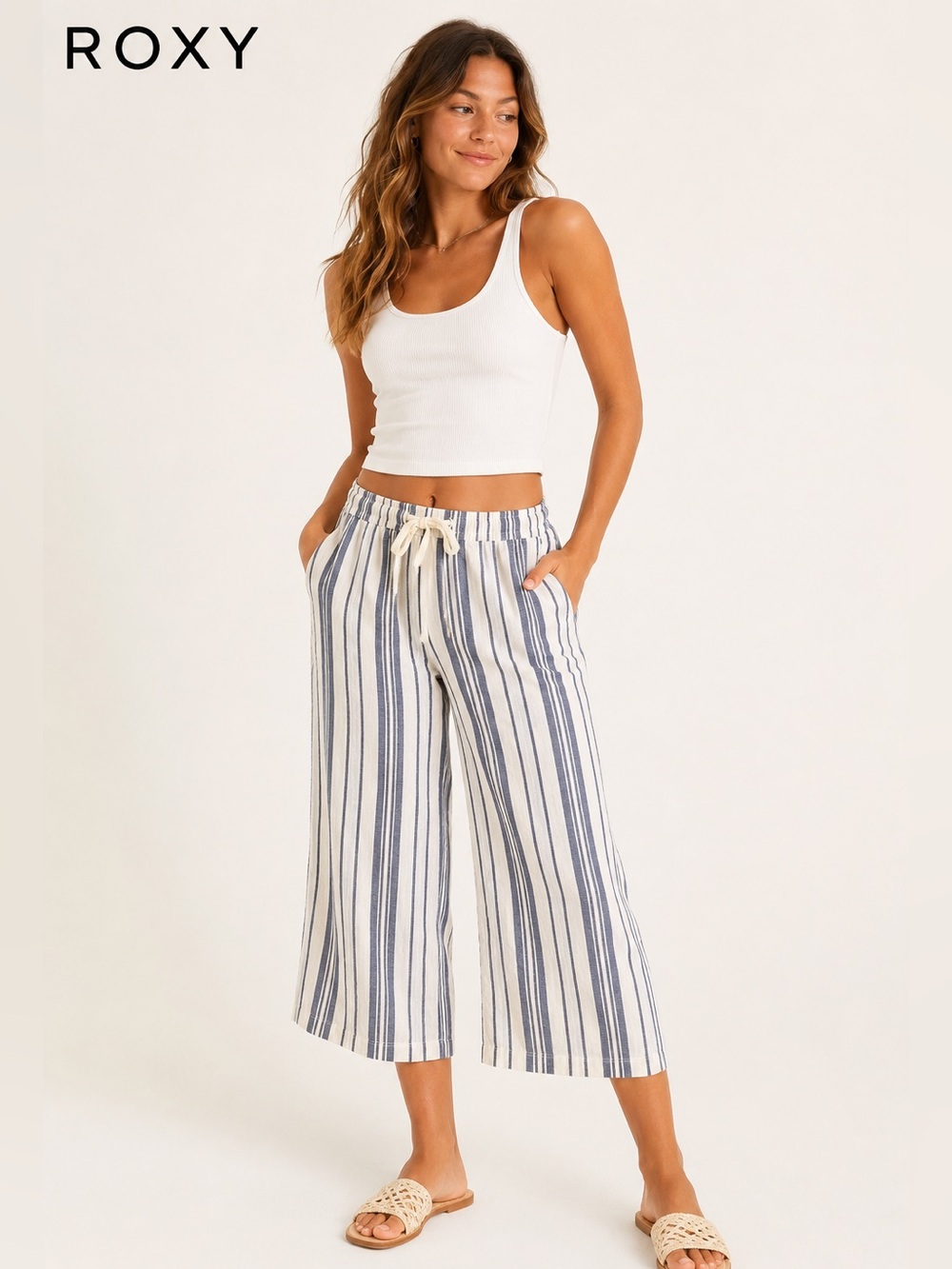 Roxy Linen  Striped Crop Wide Leg Pants Blue White NWT Small
